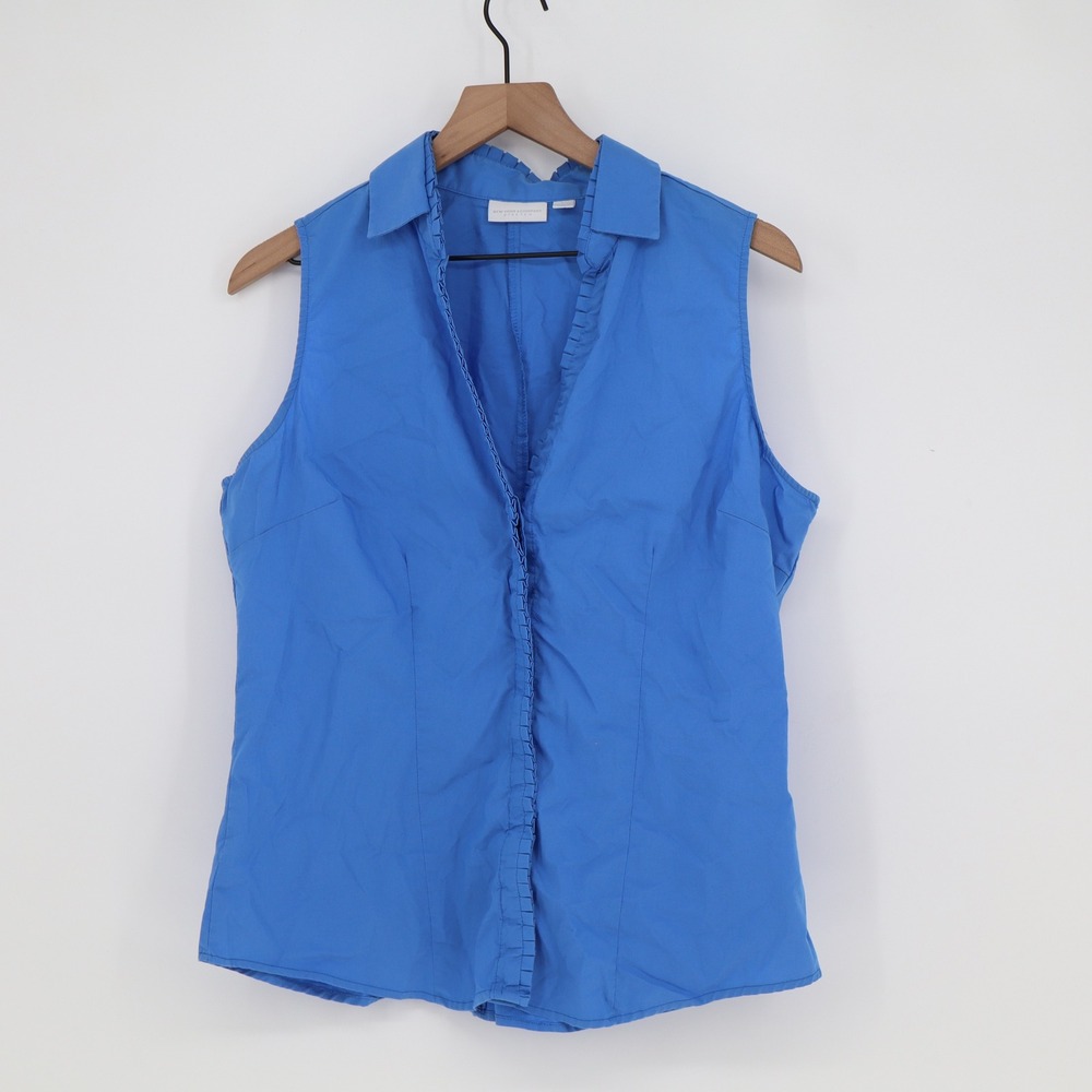 New York & Company Top Womens L Stretch Sleeveless Blue Ruffle Front Excellent